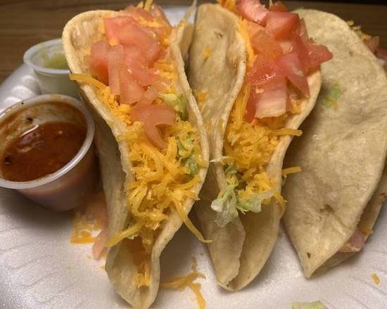 Order 3 Hard Shell Chicken Tacos w/rice and beans plate food online from Durango Taco Shop store, Las Vegas on bringmethat.com