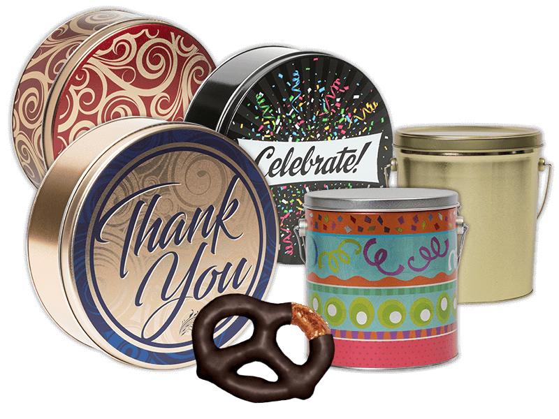 Order Decorative Tins of 24 Chocolate Coated Pretzels food online from Unique Snacks store, Reading on bringmethat.com