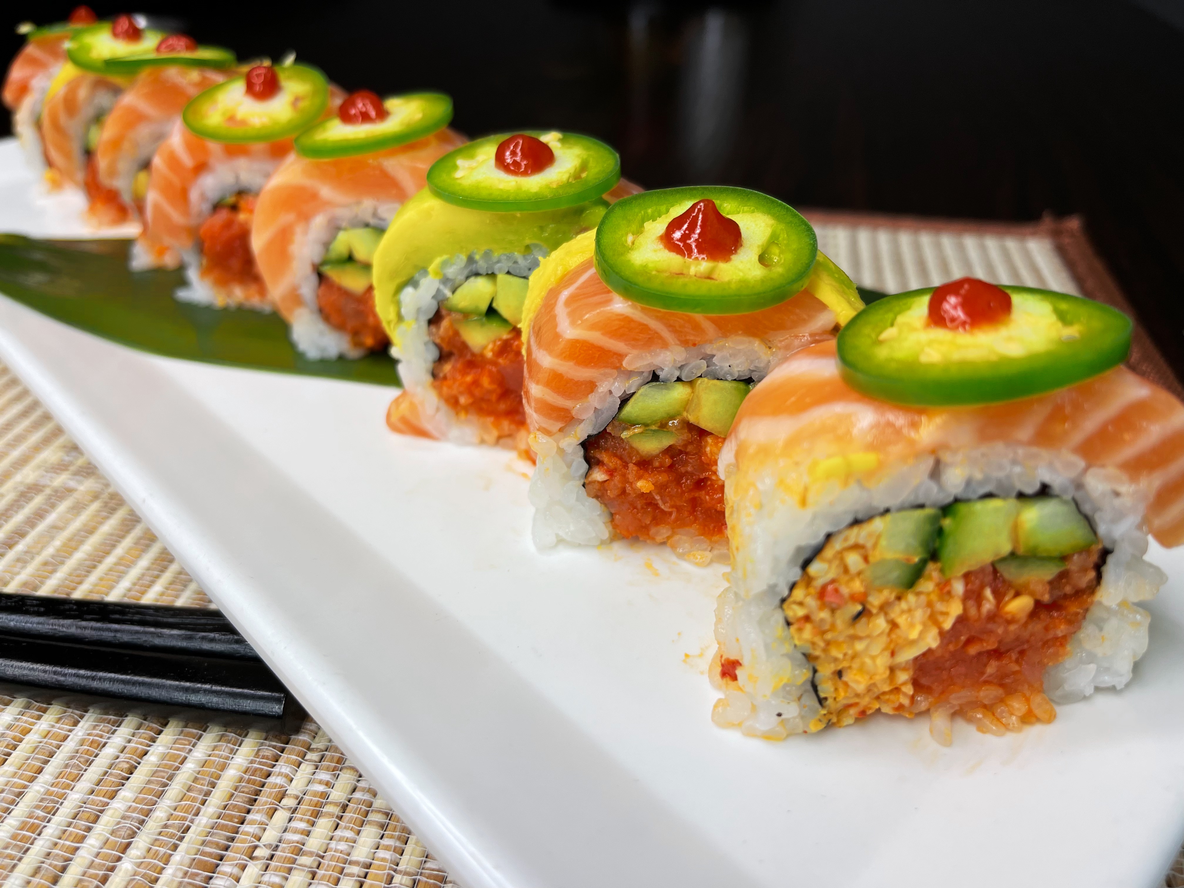 Order F3. Jalapeno Salmon Roll food online from Sushien store, Carson on bringmethat.com