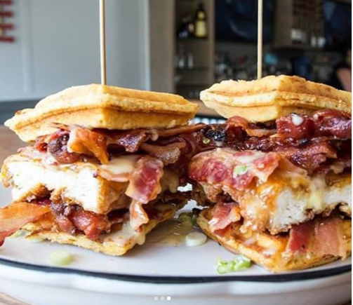 Order Chicken and Waffle Sandwich food online from Dry Dock Bar & Grille store, Norwalk on bringmethat.com
