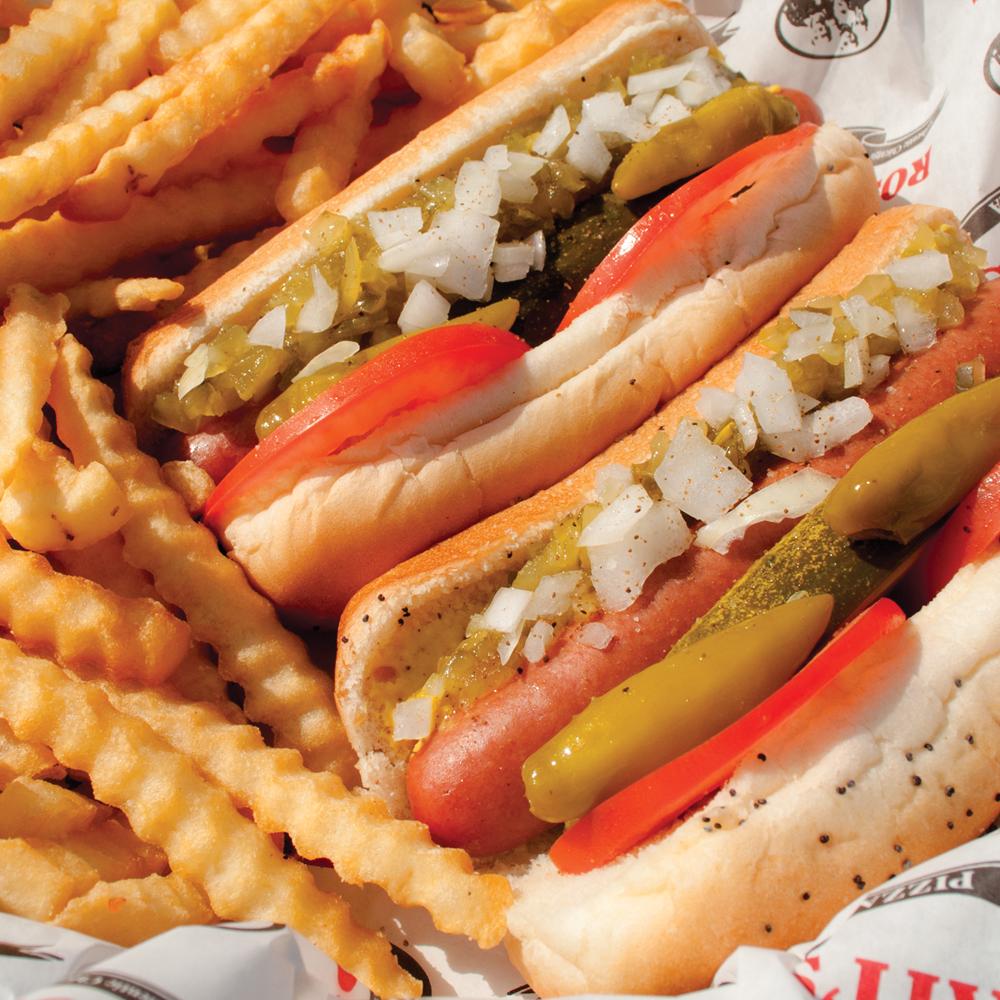 Order Chicago Vienna Beef Hot Dogs Served with Fries or Side Salad food online from Rosati's Pizza store, Lewisville on bringmethat.com