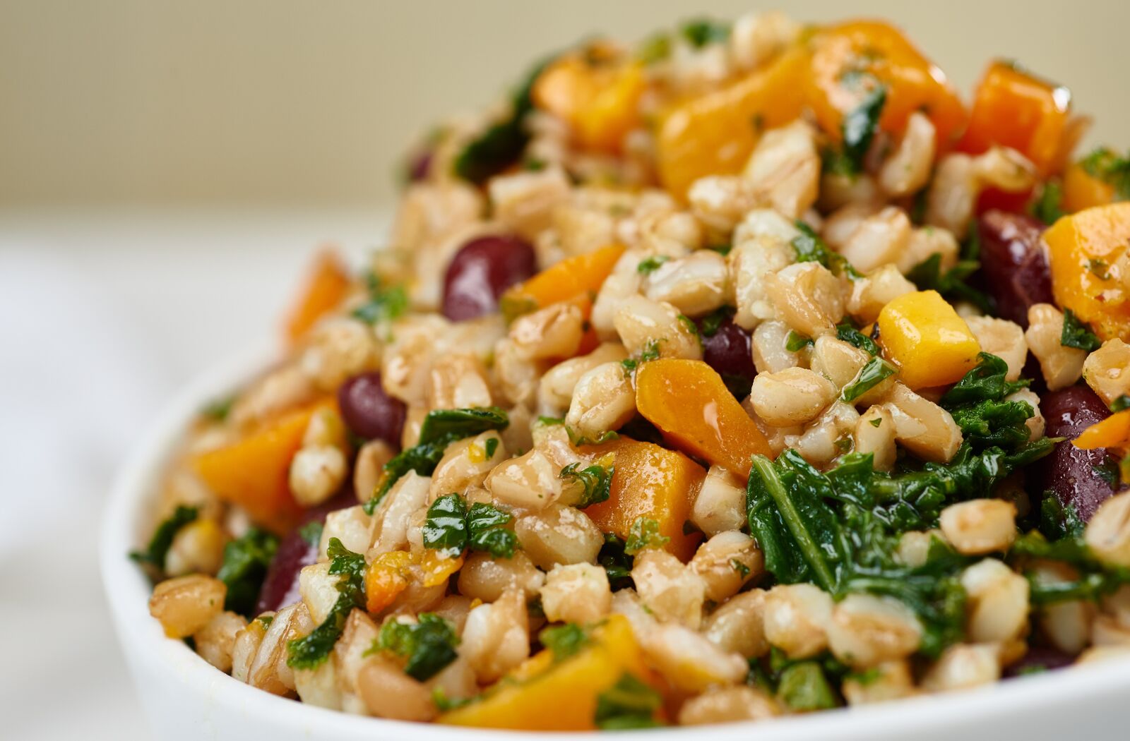 Order Farro with butternut squash & kale Salad food online from Dates & Olives store, Natick on bringmethat.com