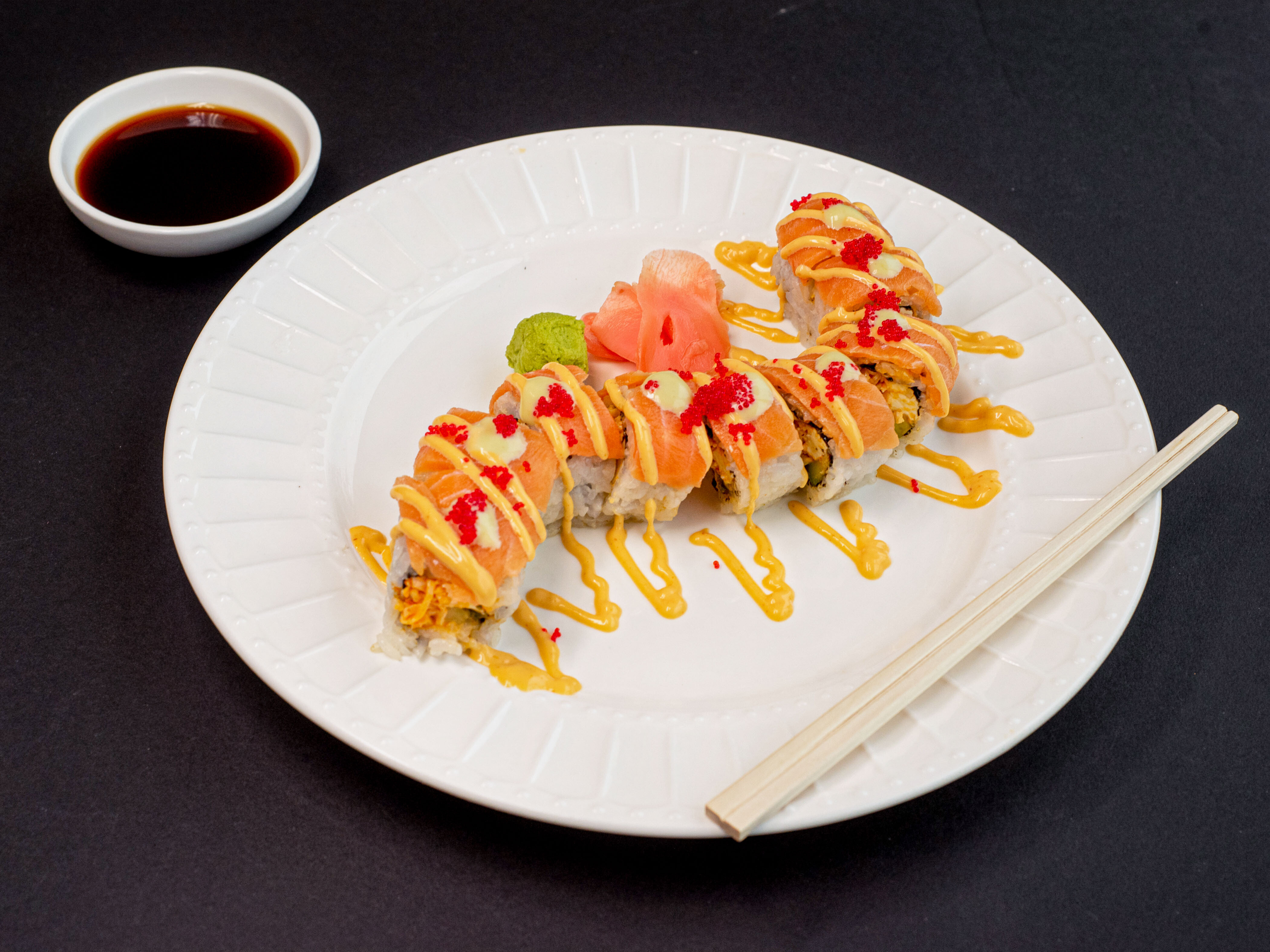 Order Orange Dragon Roll food online from Maje Sushi store, West Lafayette on bringmethat.com