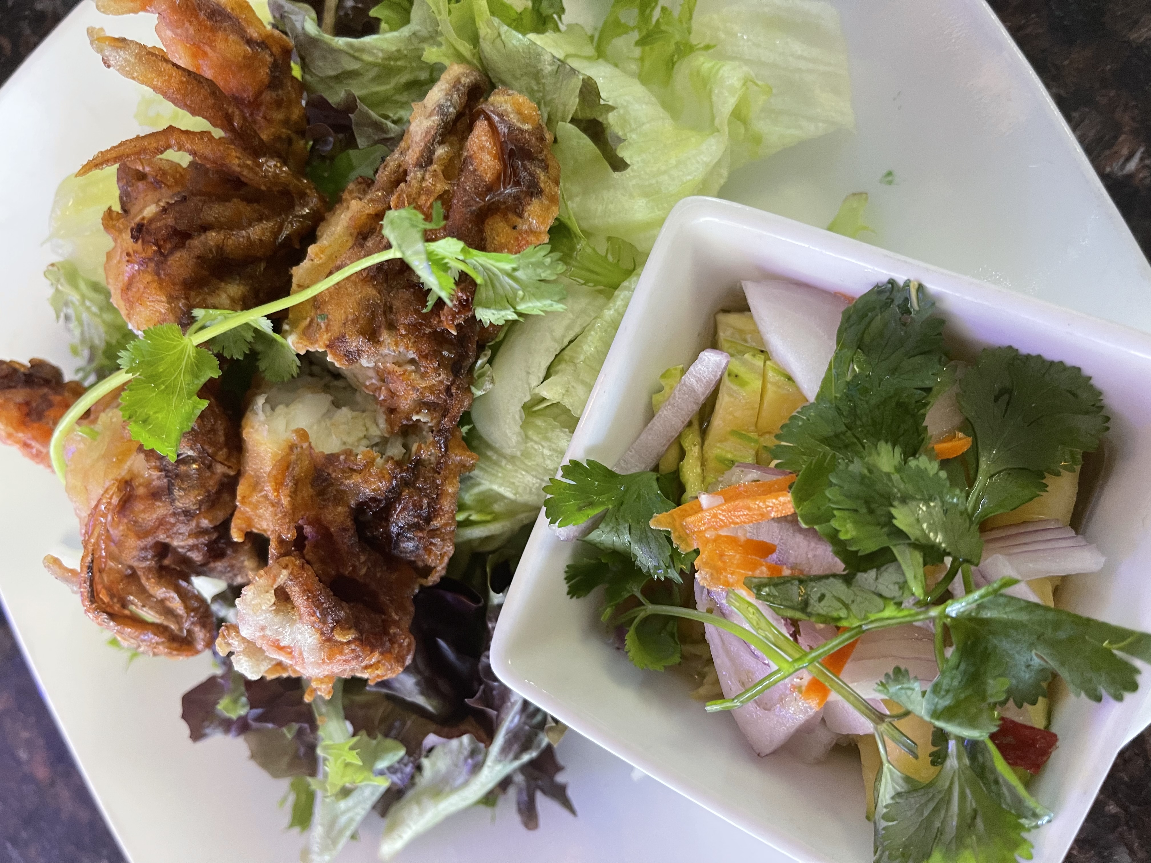 Order 21. Soft  Shell Crab Salad food online from Chada Thai Cuisine store, Sacramento on bringmethat.com