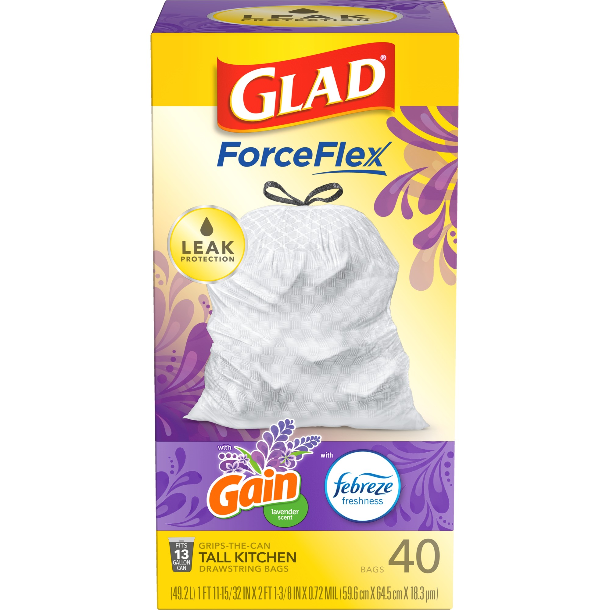 Order Glad ForceFlex Tall Kitchen Trash Bags - Gain Lavender with Febreze, 13 Gallon, 40 ct food online from Rite Aid store, Chino Hills on bringmethat.com