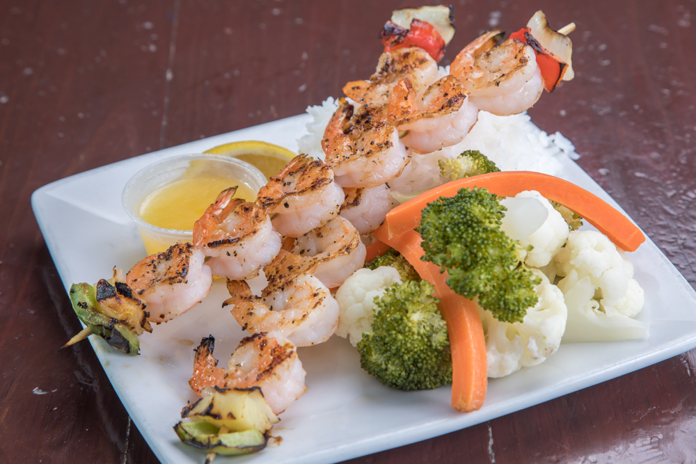 Order (2) Shrimp Kabob-Plate food online from Captain Kidds Fish Market & Restaurant store, Redondo Beach on bringmethat.com