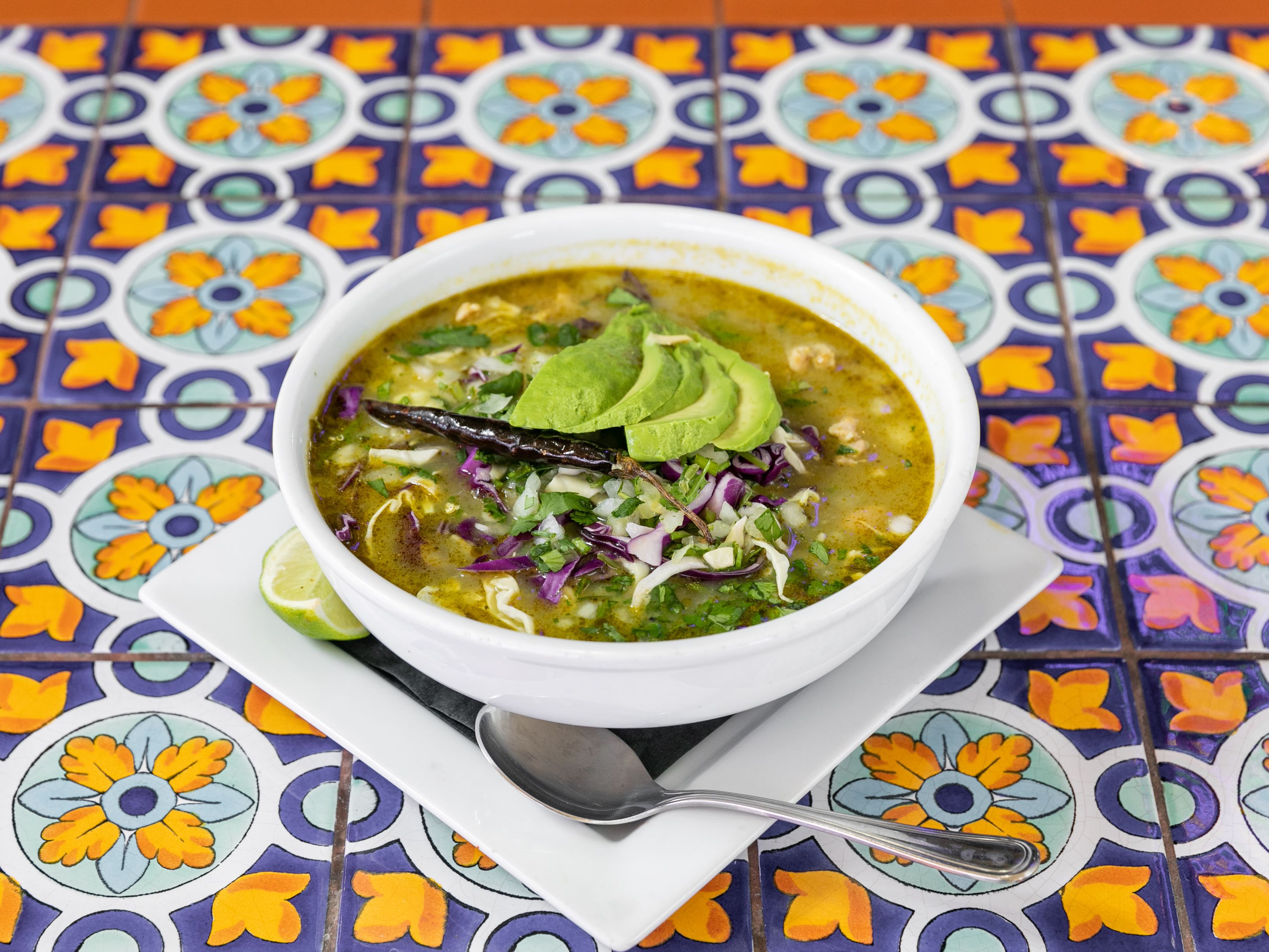 Order Green Pozole Soup food online from Sierra Madre Cantina store, Escondido on bringmethat.com