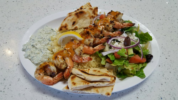 Order Wild Shrimp Souvlaki Plate food online from Mikonos Grill store, Milpitas on bringmethat.com