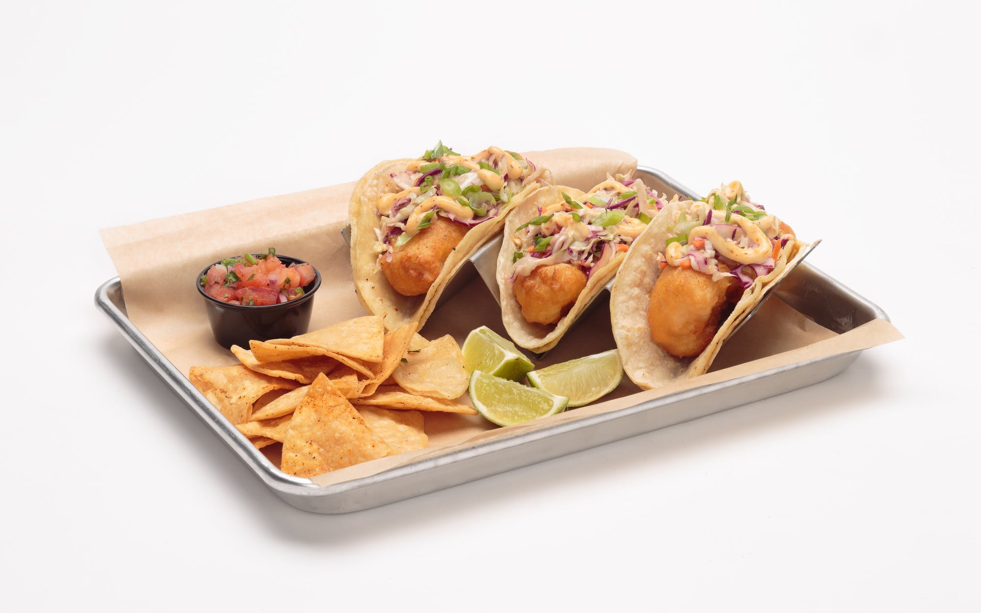 Order Fish Tacos - 3 Pieces food online from Oggi Sports | Brewhouse | Pizza store, Mission Viejo on bringmethat.com