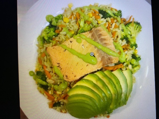 Order ORGANIC RICE WITH VEGETABLES AND SALMON WITH LIGHT JALAPENO SAUCE. food online from Juice store, Brooklyn on bringmethat.com