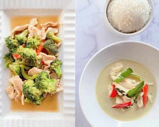 Order (Combo) Broccoli Stir Fry (16oz) + Green Curry (16oz) food online from Thai Curry store, Arlington on bringmethat.com