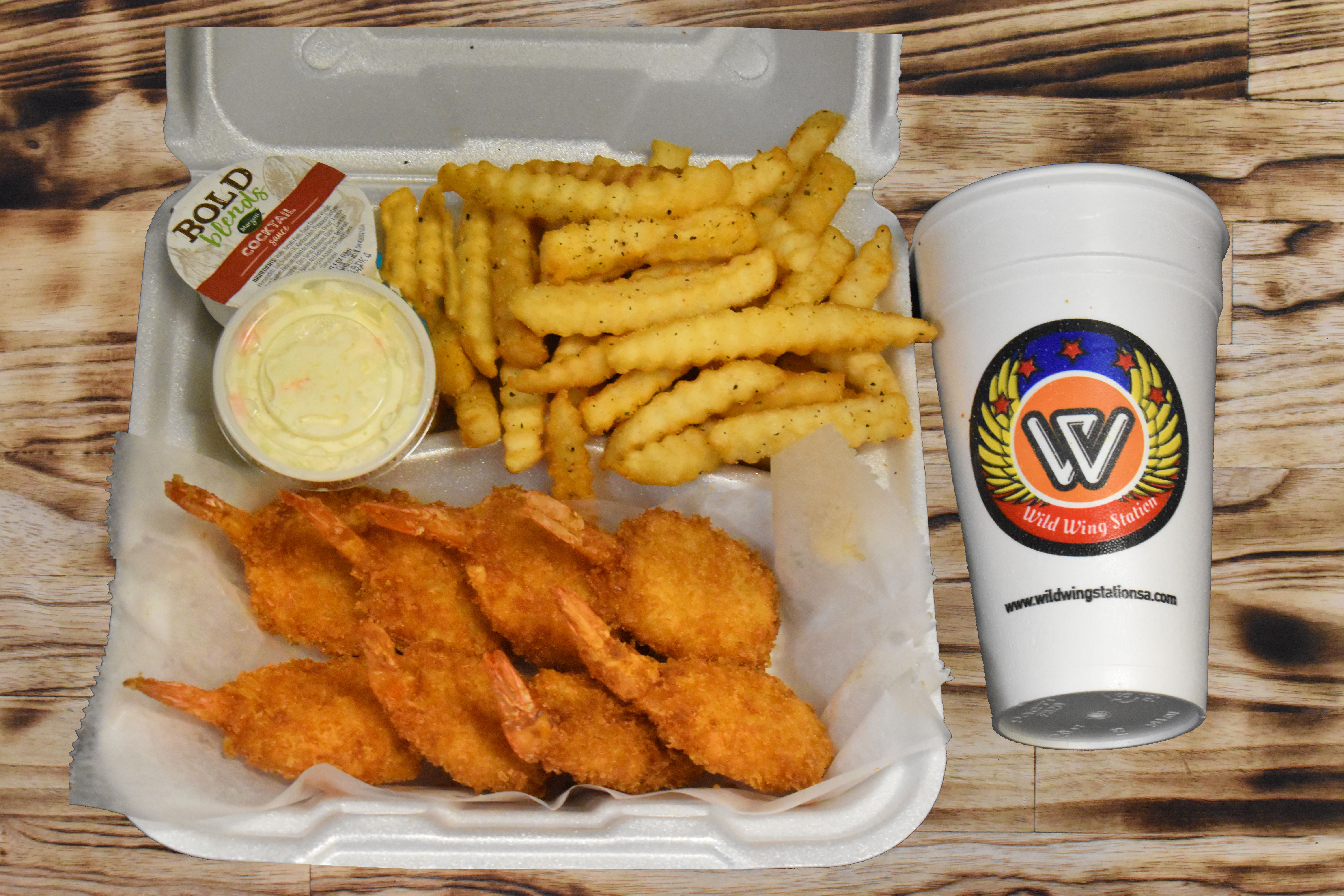 Order 8 Piece Shrimp with Fries and Drink food online from Wild Wing Station store, San Antonio on bringmethat.com
