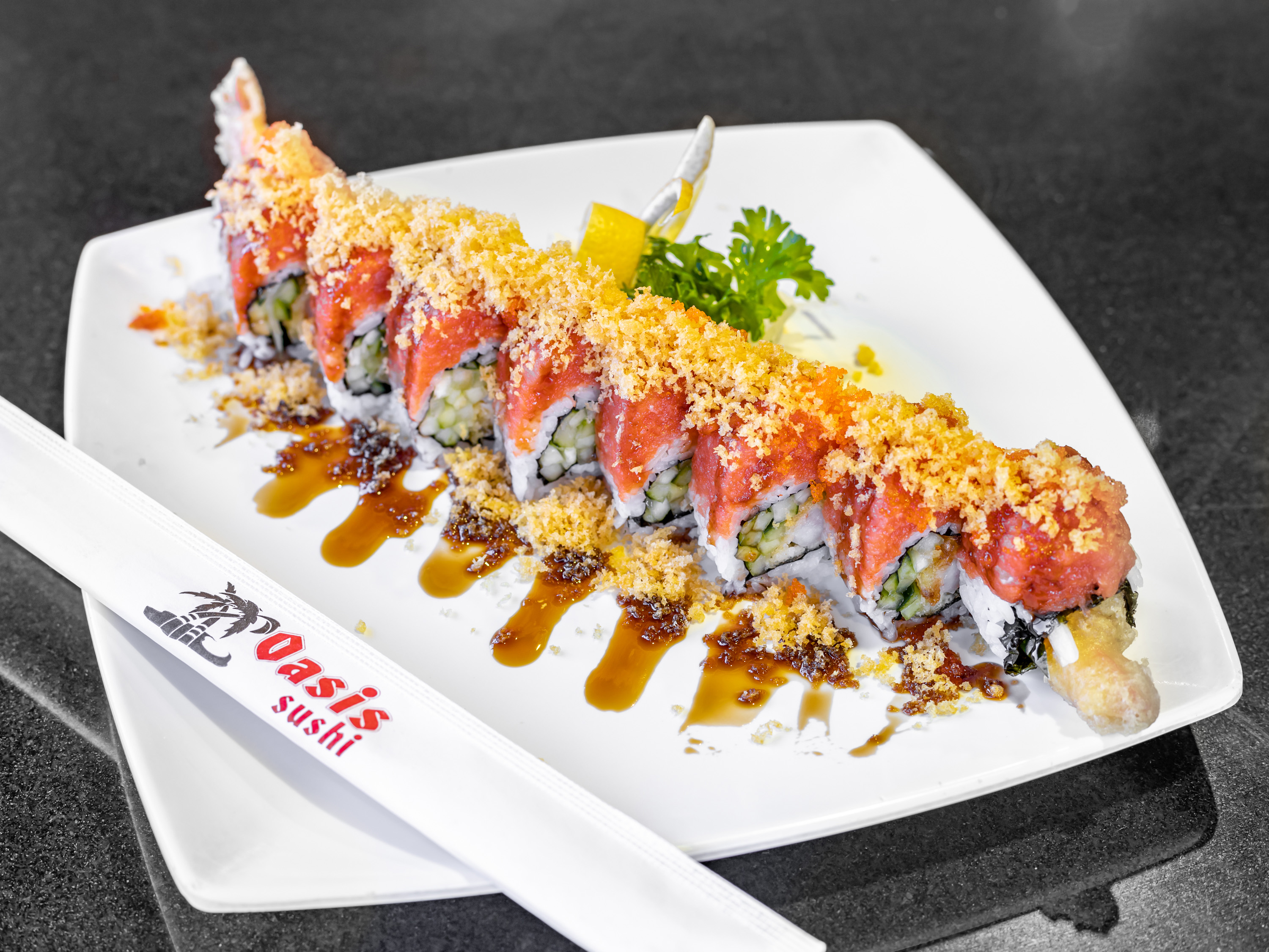 Order 21. Crunch Dragon Roll food online from Love Oasis store, Hesperia on bringmethat.com