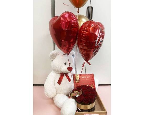 Order Love pack teddy bear, chocolate balloons and roses  food online from Eugenia's Flowers 24/7 Flower Shop store, Northlake on bringmethat.com