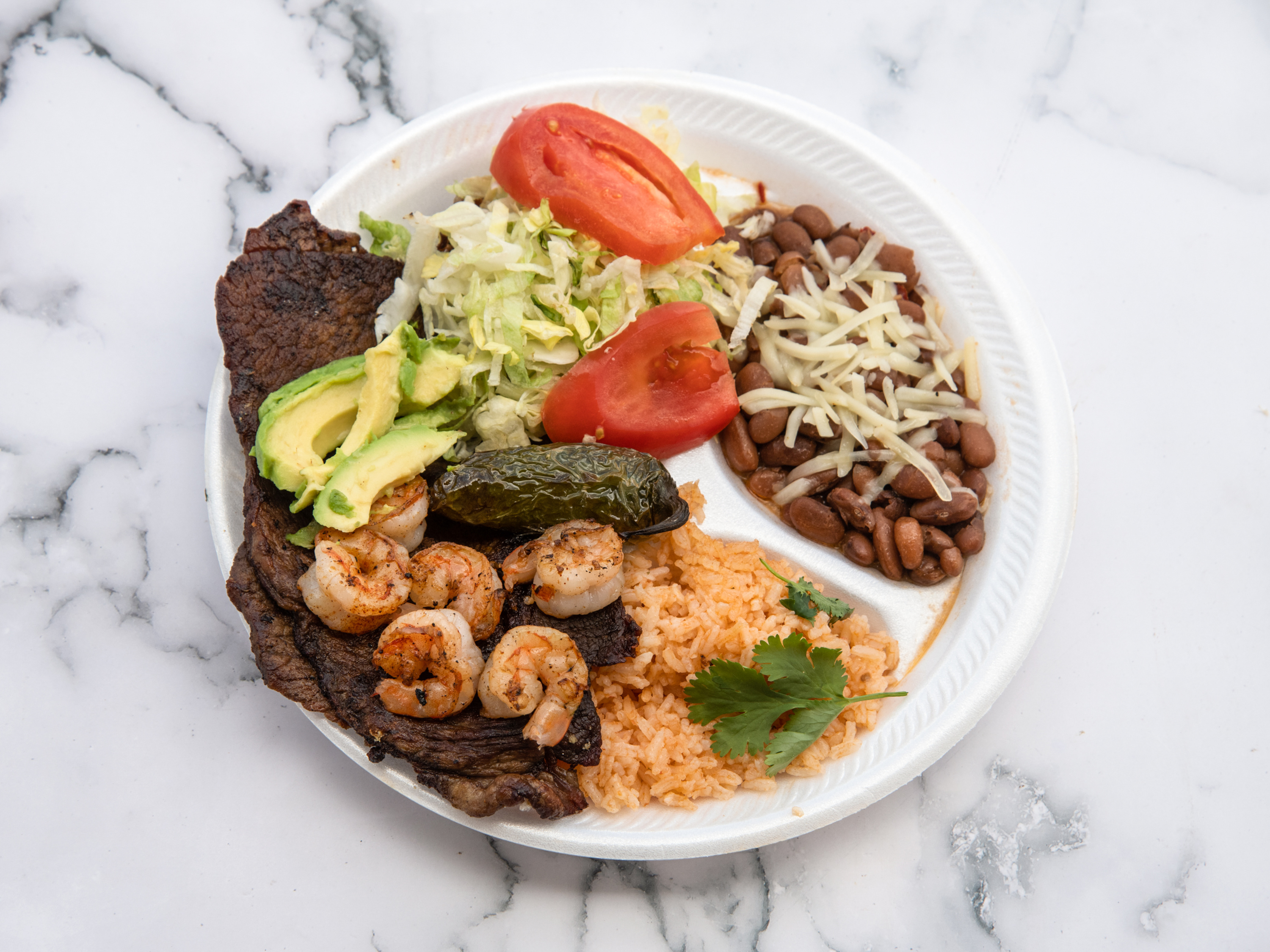 Order Steak and Shrimp Plate Rice and Bean food online from Taco Loco store, Marietta on bringmethat.com