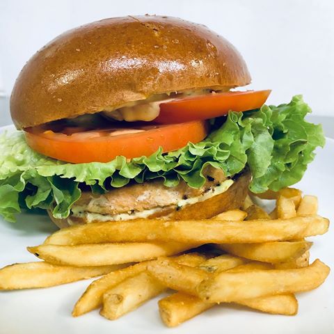Order Salmon Burger (available after 10am) food online from Neli's catering restaurant store, Los Angeles on bringmethat.com
