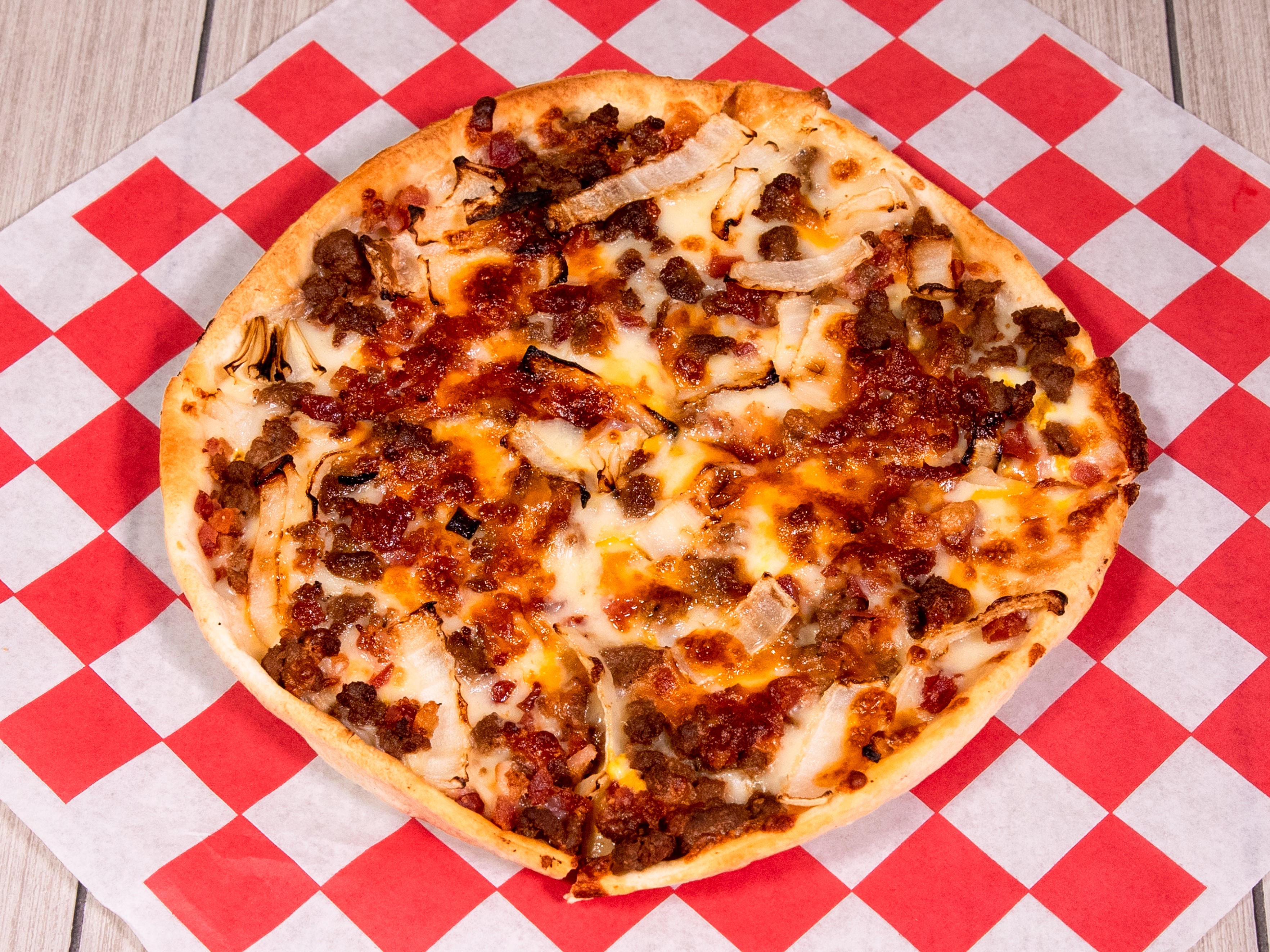 Order Bacon Cheeseburger Pizza food online from Pizza Inn store, College Station on bringmethat.com
