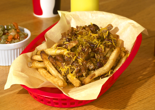 Order Veggie Chili Cheese Fries food online from Mustards Last Stand store, Denver on bringmethat.com