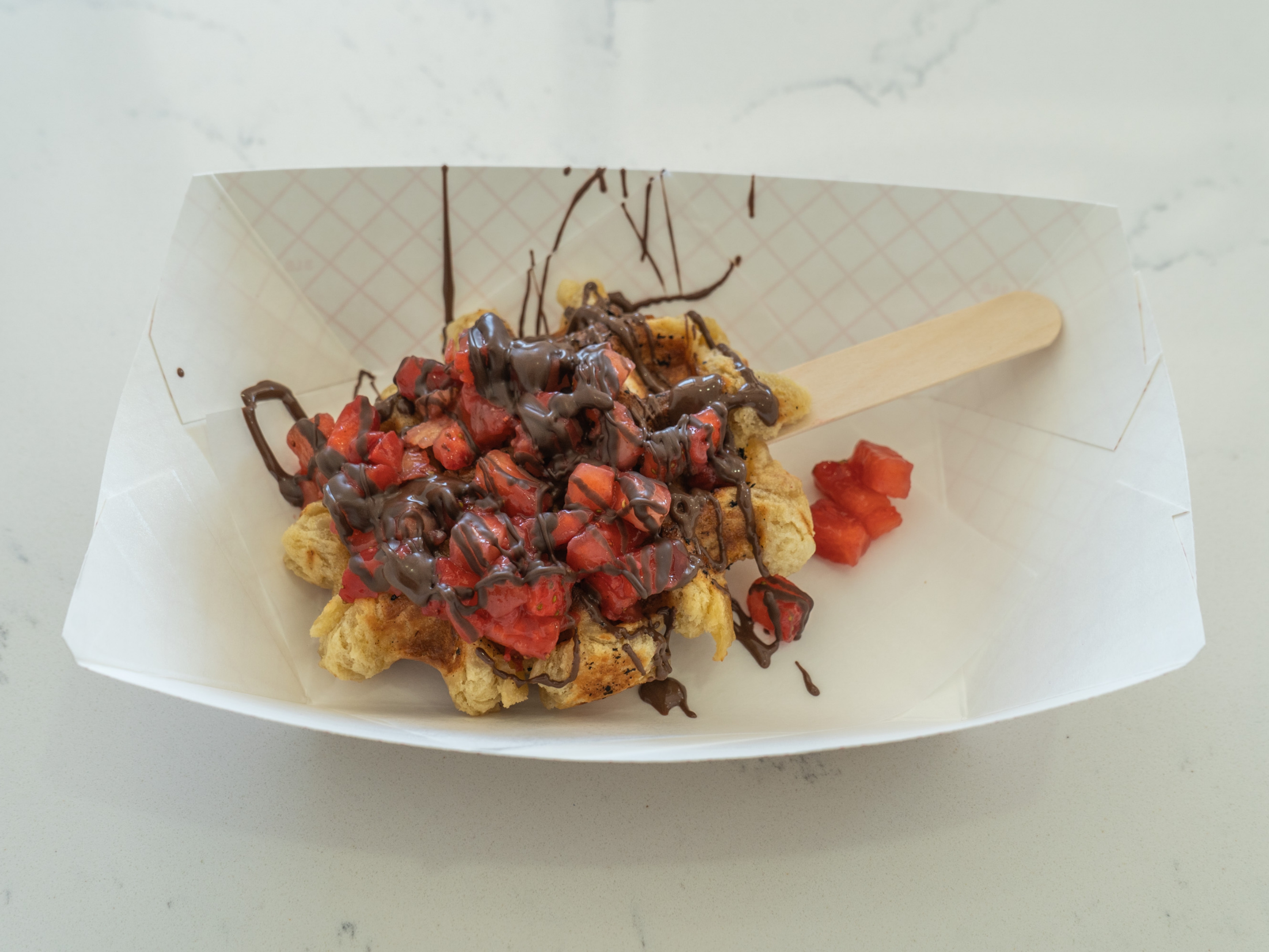Order Fresh Strawberry and Dark Belgian Chocolate Waffle food online from Sweet Charlie's Hand Rolled Ice Cream store, Durham on bringmethat.com