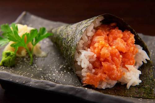 Order Spicy Salmon Hand Roll food online from Mocha Bleu store, Teaneck on bringmethat.com