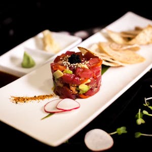 Order Tuna Tartare with Taro & Renkon Chips food online from Mochi Sushi store, Sugar Land on bringmethat.com
