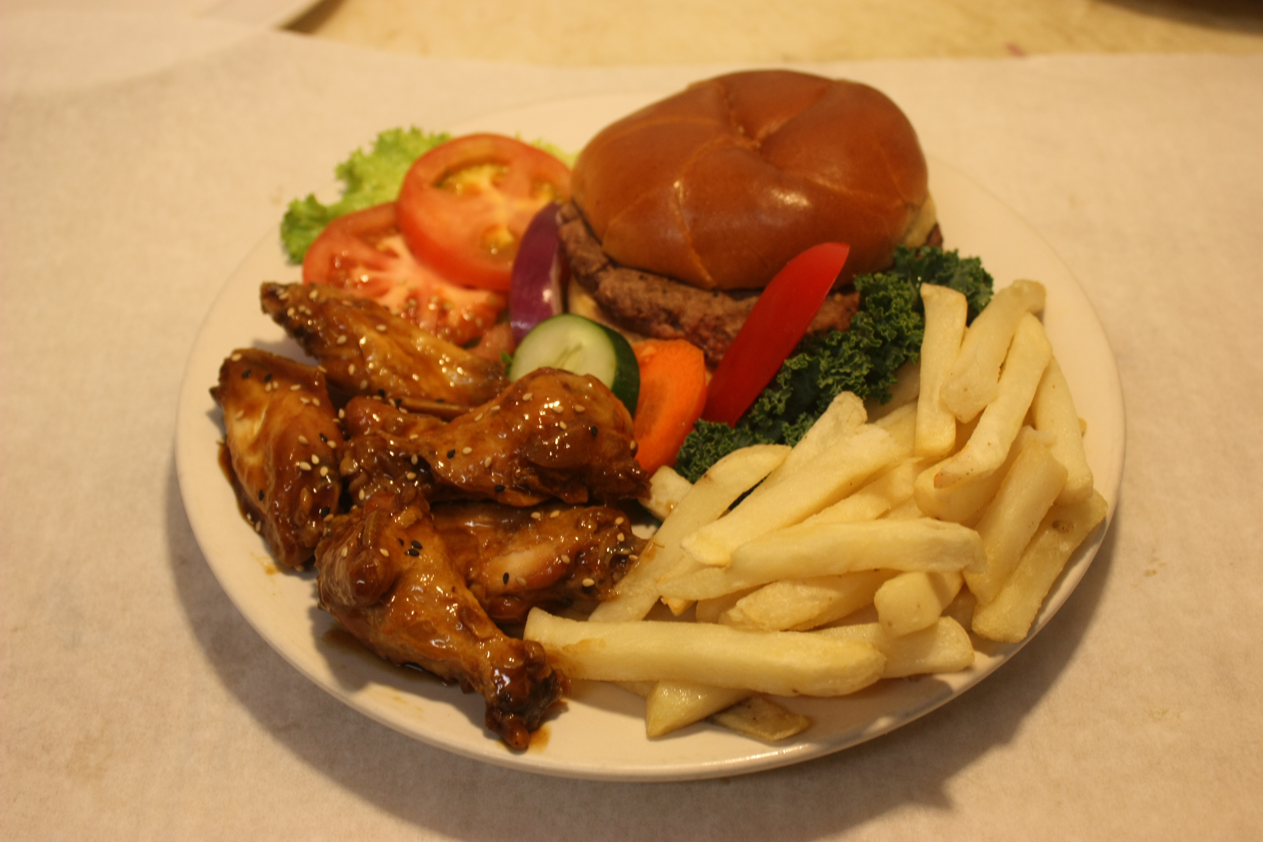 Order 4. Hamburger, Teriyaki Wing and French Fries food online from Broadway Diner store, Stockbridge on bringmethat.com