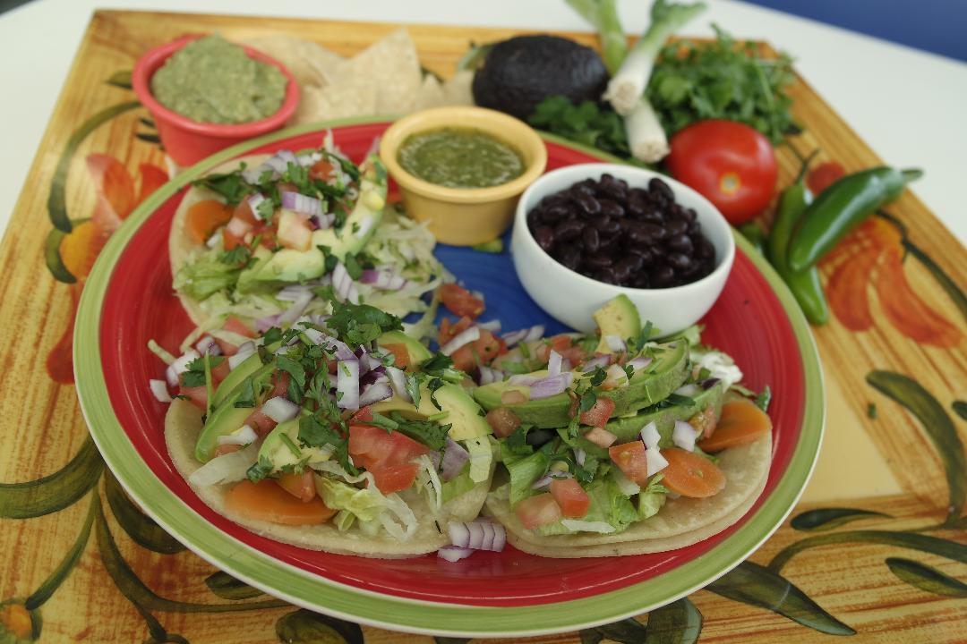 Order 3 Avocado Soft Taco Plate, 8 oz. Veggie Beans, 2 oz Guaca, 8 oz. Tomatillo Salsa  food online from Tacos And Wings store, Sunland on bringmethat.com