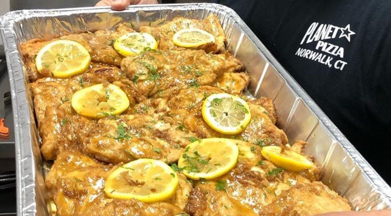 Order Chicken Francese Catering - Half Pan (Serves 5-8 People) food online from Planet Pizza store, Ridgefield on bringmethat.com