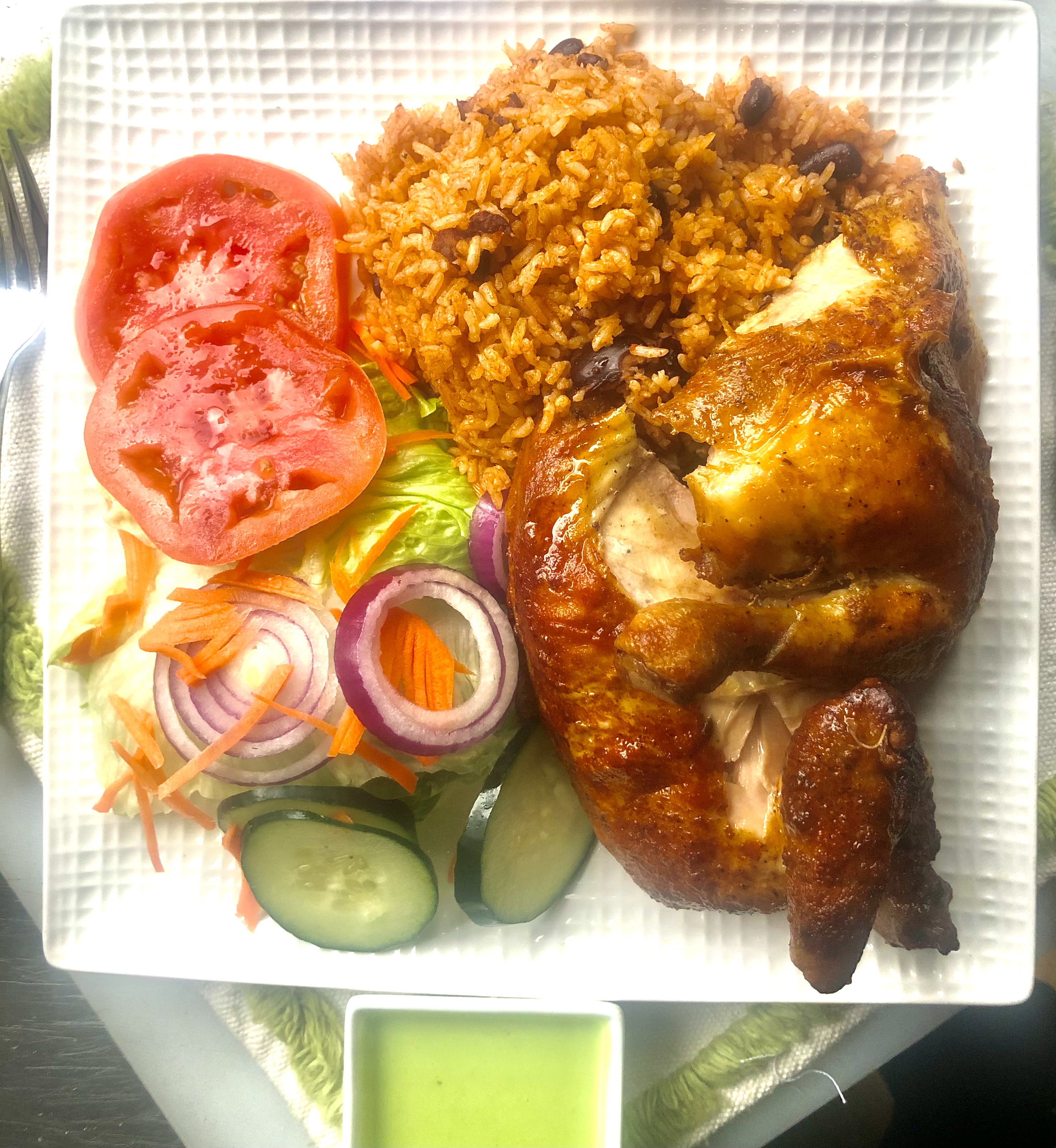 Order 1/2 pollo a la brasa with rice and salad food online from Chili Dog Restaurant store, New Rochelle on bringmethat.com