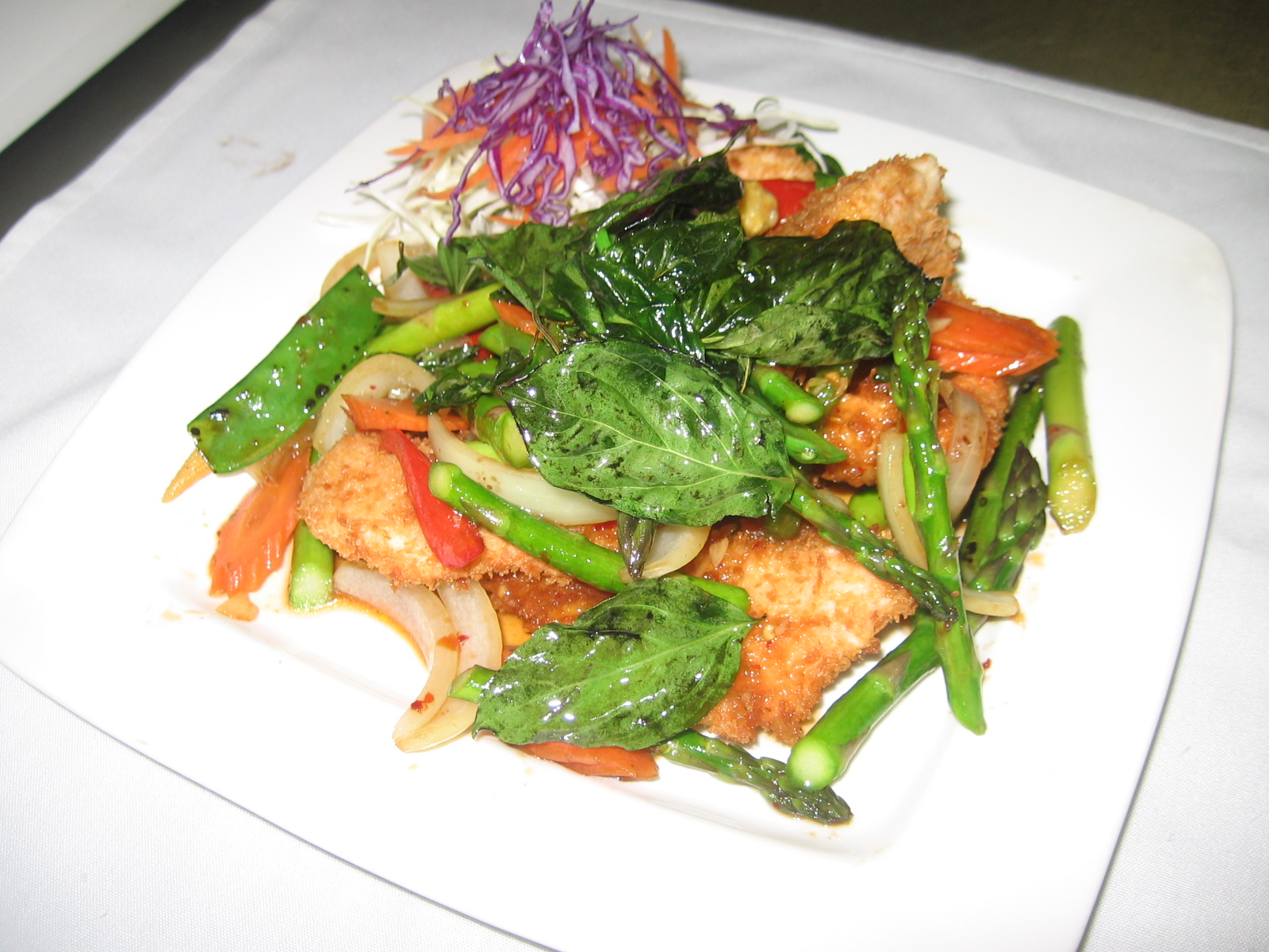 Order Basil Salmon (Crispy) food online from Thai Orchid Restaurant store, ADDISON on bringmethat.com