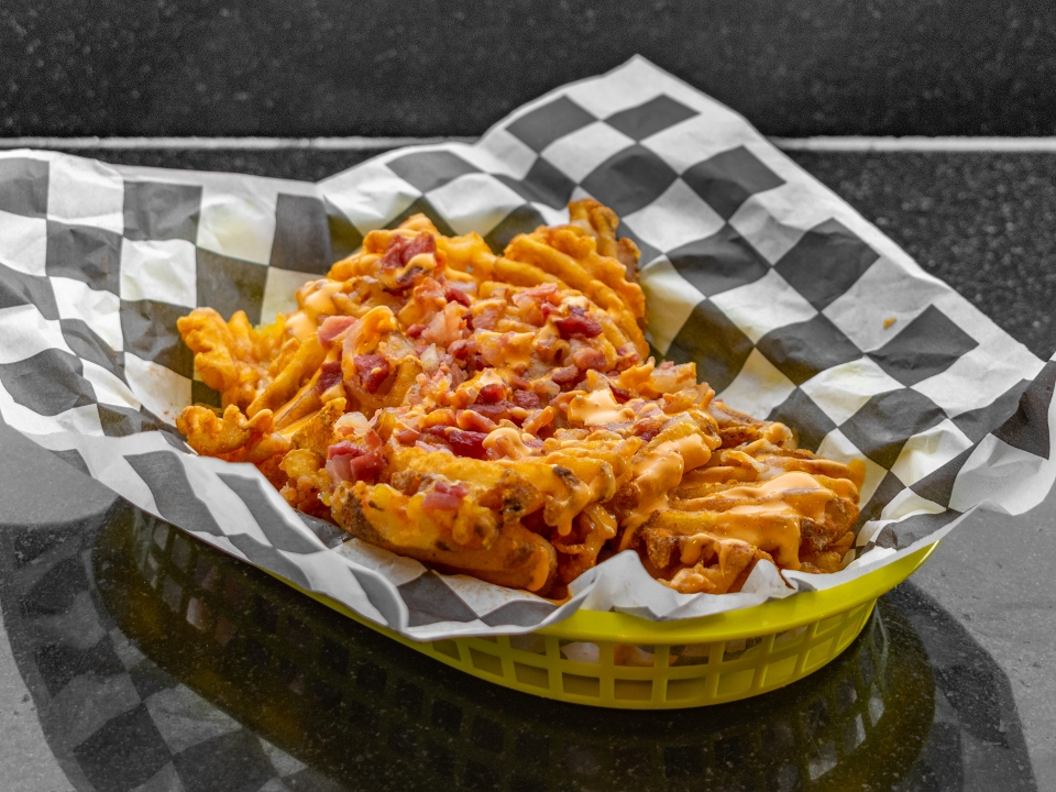 Order Waffle Bacon Cheese Fries food online from Cars Sandwiches & Shakes store, Montclair on bringmethat.com