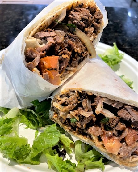 Order Beef Shawarma Wrap food online from Flame and Skewers store, Bakersfield on bringmethat.com