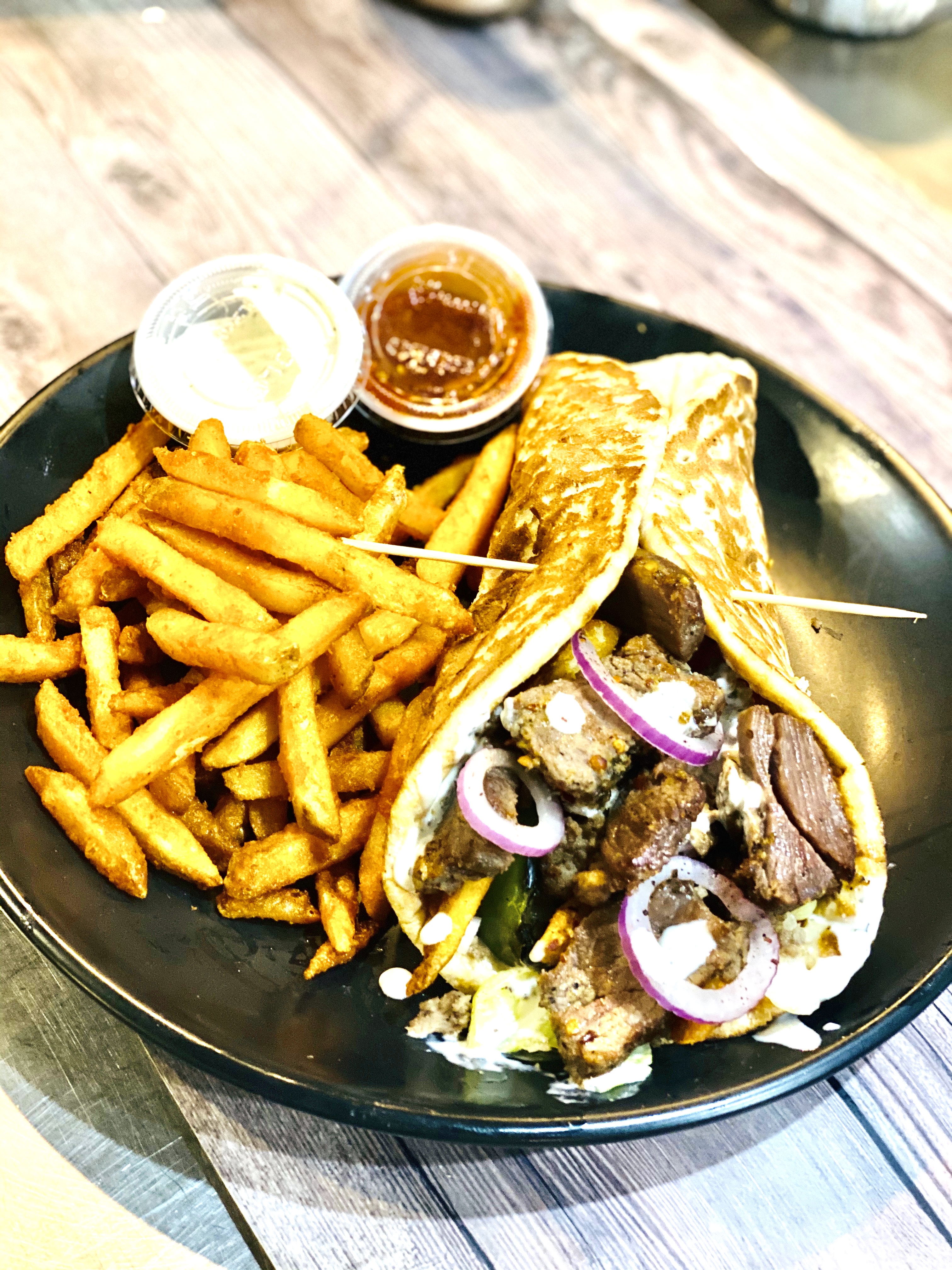 Order Beef shawarma wrap ( fries-soda) food online from The Kabul Fresh Grill store, Baltimore on bringmethat.com