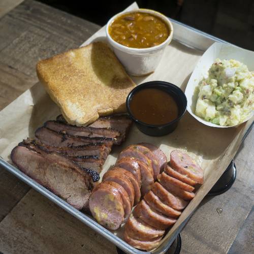 Order Two-Meat Plate food online from Roscoe's Smokehouse store, Burleson on bringmethat.com