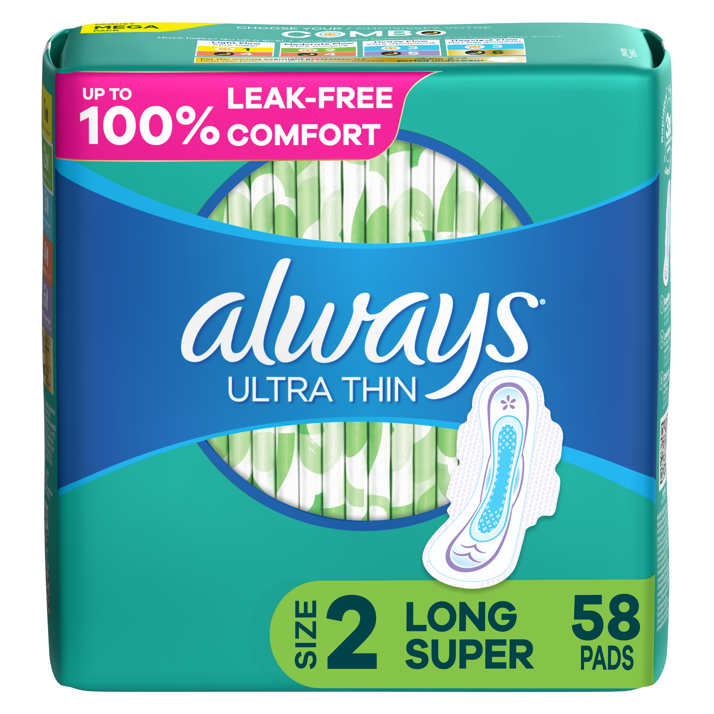 Order Always Ultra Thin Pads with Wings, Long Absorbency, Size 2 - Unscented, 58 ct food online from Rite Aid store, MILLER PLACE on bringmethat.com