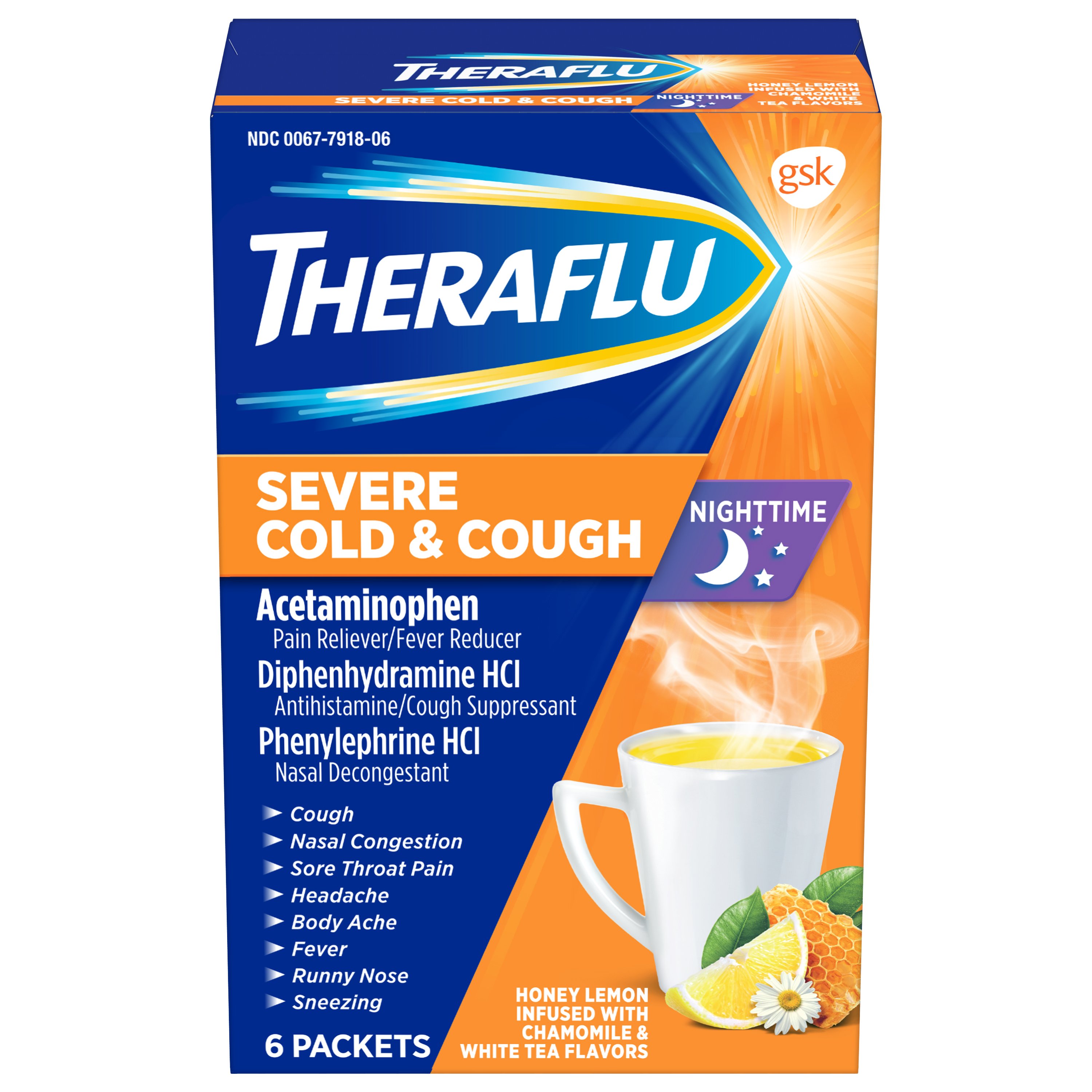 Order Theraflu Nighttime Severe Cold & Cough Relief Hot Liquid Powder Chamomile & White Tea - Honey Lemon, 6 ct food online from Bartell store, Edmonds on bringmethat.com