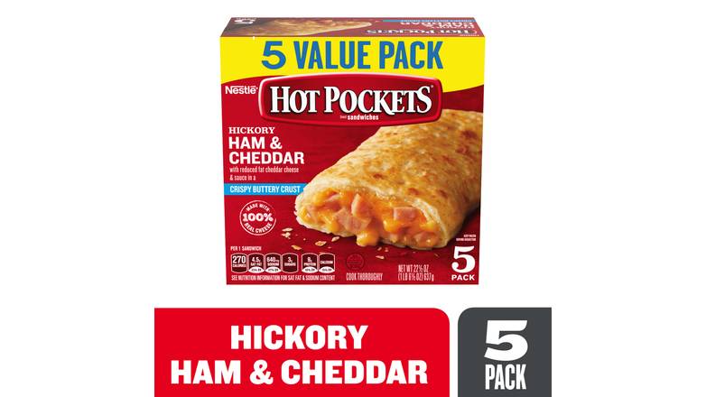 Order Hot Pockets Hickory Ham & Cheddar Crispy Buttery Crust Frozen Snacks food online from Red Roof Market store, Lafollette on bringmethat.com
