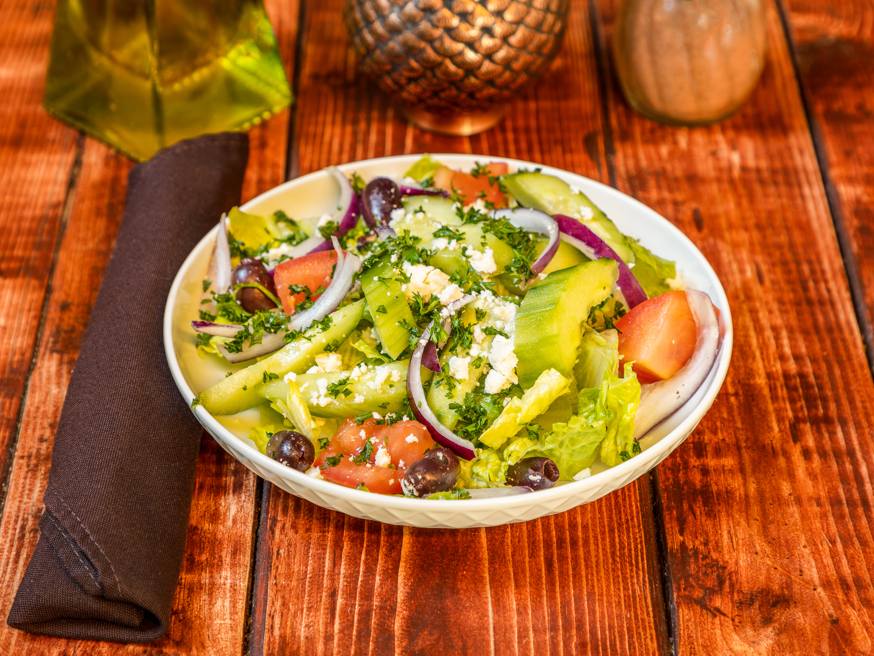 Order Greek Salad food online from Olives Mediterranean Grill store, Arlington on bringmethat.com