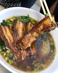 Order Roasted Pork Belly Noodle Soup food online from Buldogis Gourmet Hot Dogs store, Las Vegas on bringmethat.com
