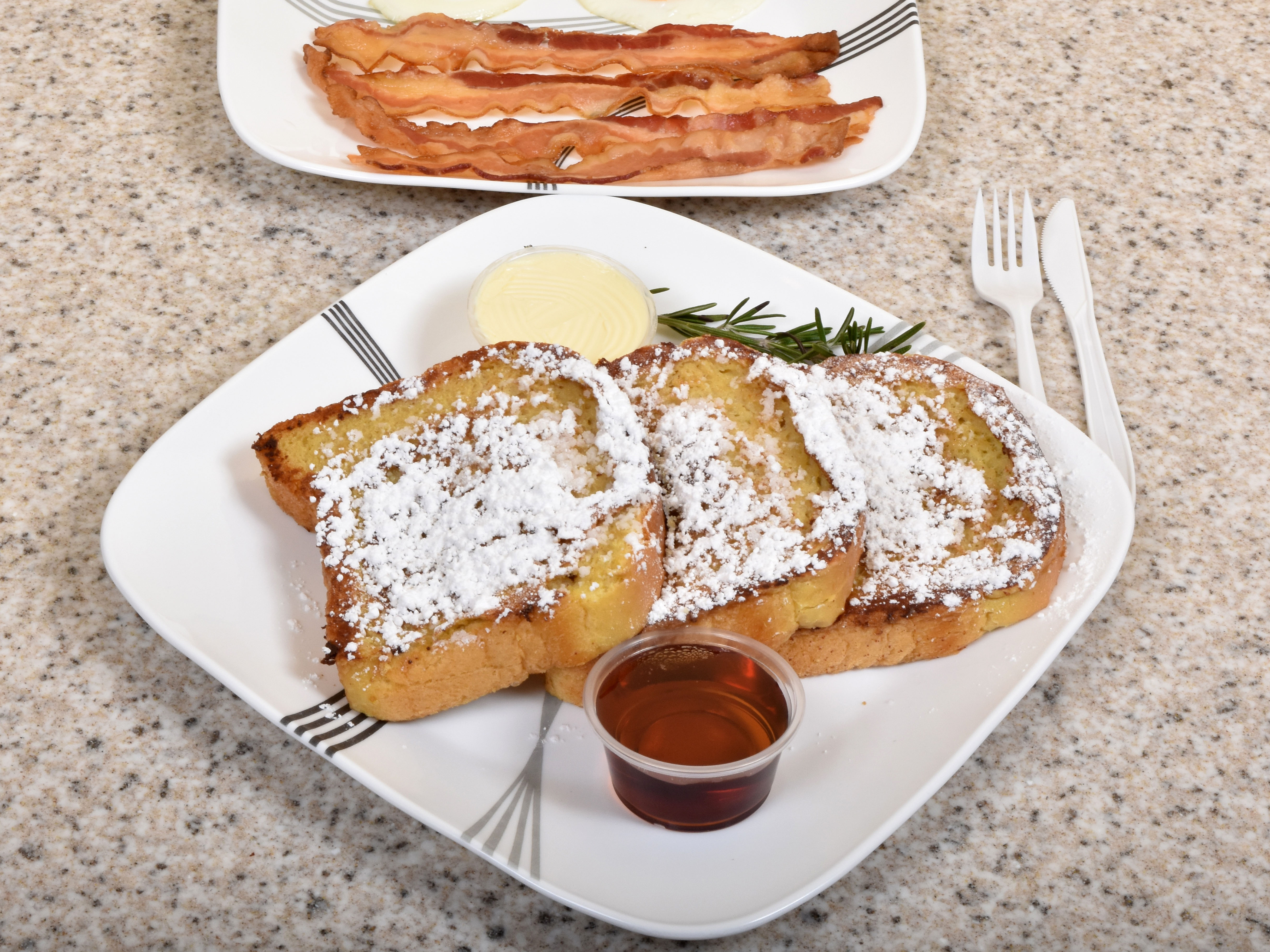 Order 3 French Toast, Egg any Style with Cheese, and Meat Breakfast food online from Amazing Bagel store, Ocean Township on bringmethat.com