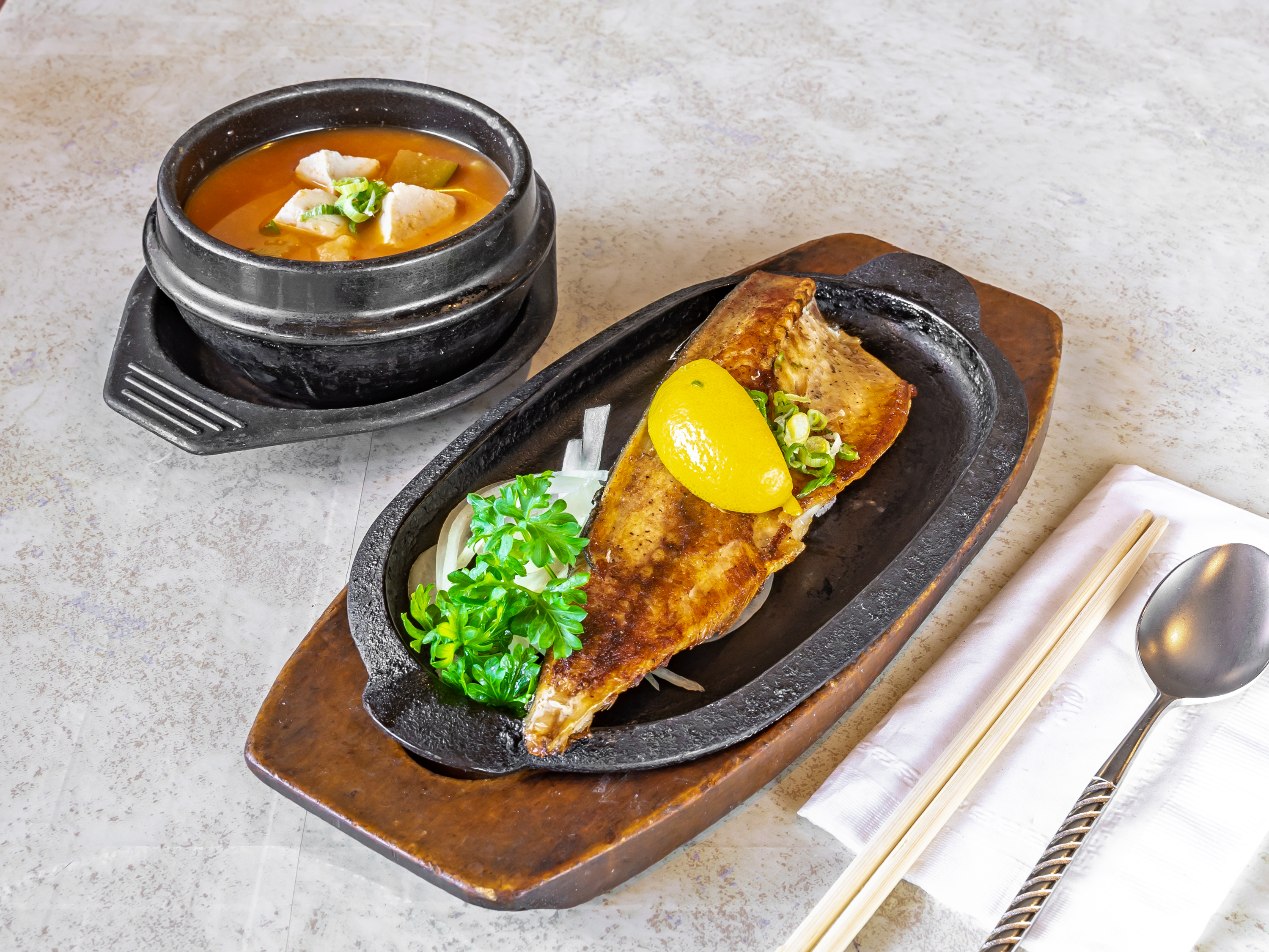 Order Grilled Mackerel and Soybean Paste Stew 고등어구이+된장(순두부,김치) food online from Go Ba Woo store, Tappan on bringmethat.com