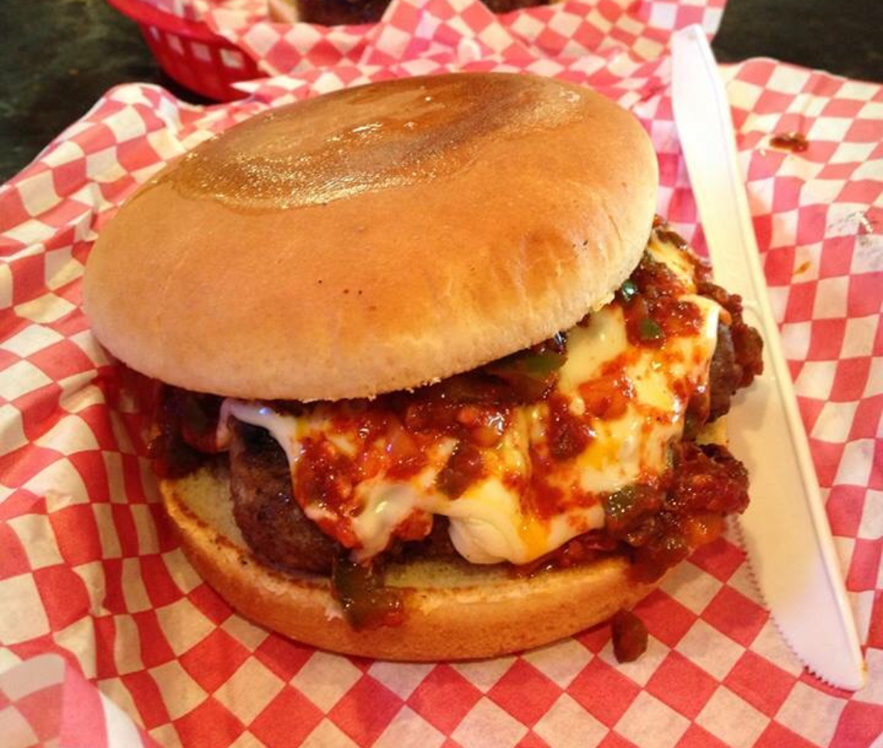 Order Fire in the Hole Burger (1/2 lb.)(Hottest Burger on the Menu)  food online from Ranch House Burgers II store, Mission on bringmethat.com