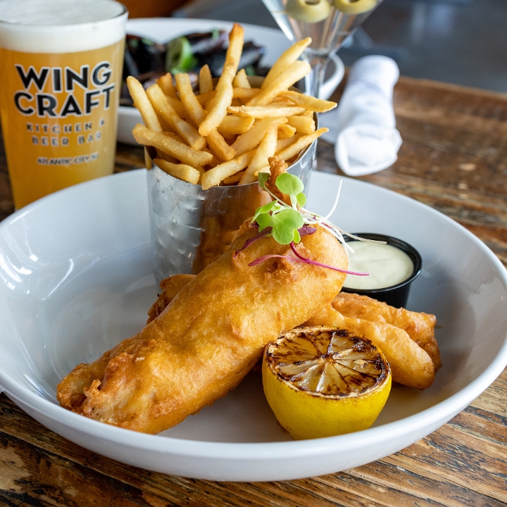 Order Fish & Chips food online from Wingcraft Kitchen & Beer Bar store, Atlantic City on bringmethat.com