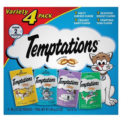 Order Temptations Crunchy and Soft Cat Treats Feline Favorites Variety Pack Seafood Medley, Chicken, Creamy Dairy & Tuna - 3.0 oz x 4 pack food online from Walgreens store, Cotati on bringmethat.com