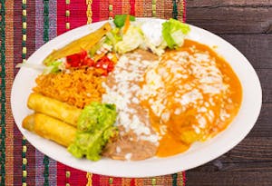 Order 16. One Enchilada & Two Taquitos food online from Mauricio Mexican Food & Pizza store, Covina on bringmethat.com
