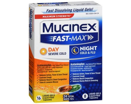 Order Mucinex Fast-Max Day & Night Cold & Flu Liquid Gels Maximum Strength food online from Scripx Pharmacy store, Plano on bringmethat.com