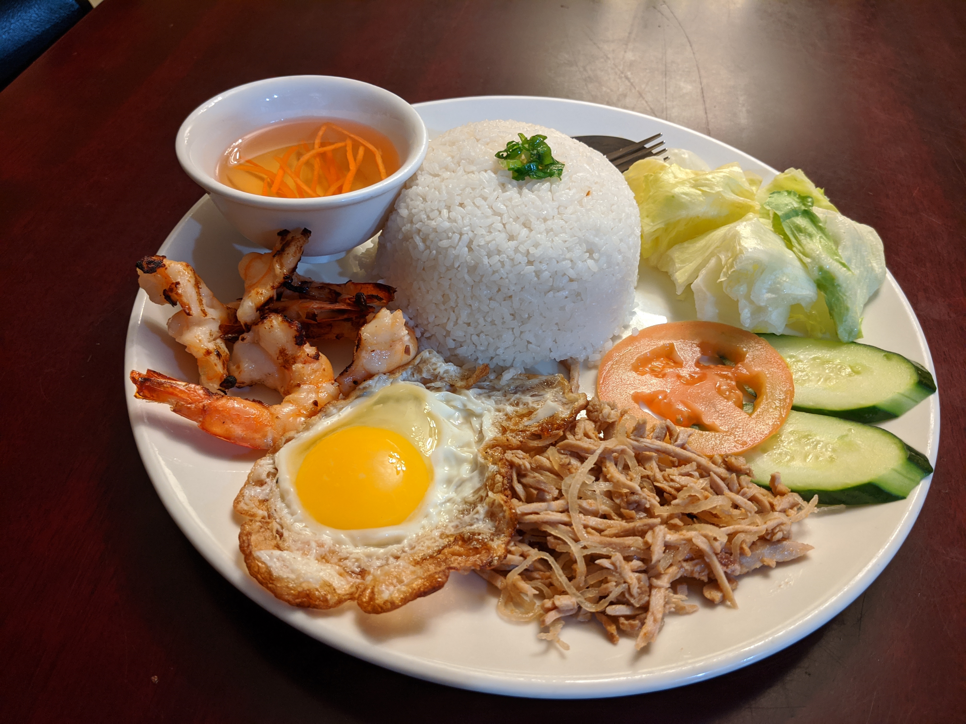 Order D19. Rice Platter with Grilled Shrimp, Shredded Pork, and Fried Egg food online from Bac Lieu Restaurant store, San Francisco on bringmethat.com