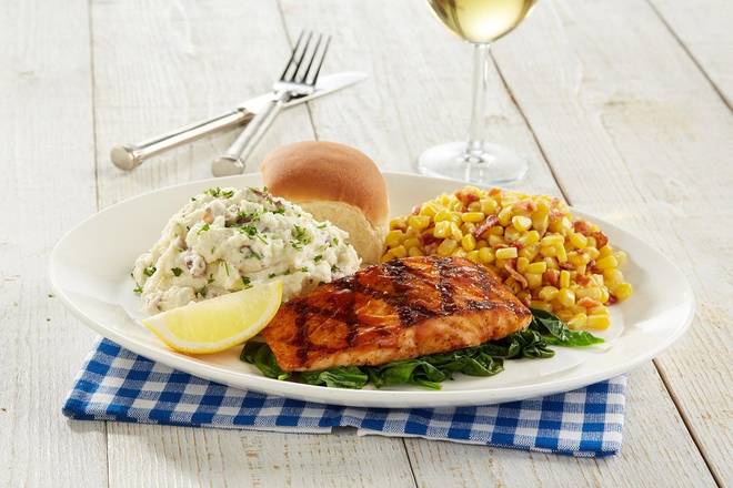 Order Grilled BBQ Salmon on Sauteed Spinach, Summer Corn and Mashed Potatoes food online from Shari'S Cafe store, Gresham on bringmethat.com
