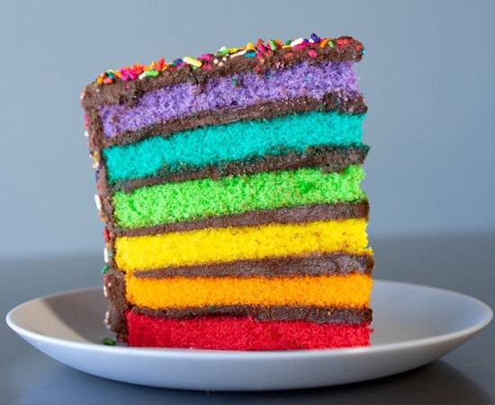 Order Rainbow Fudge Cake Slice food online from Carlo's Bakery store, Las Vegas on bringmethat.com