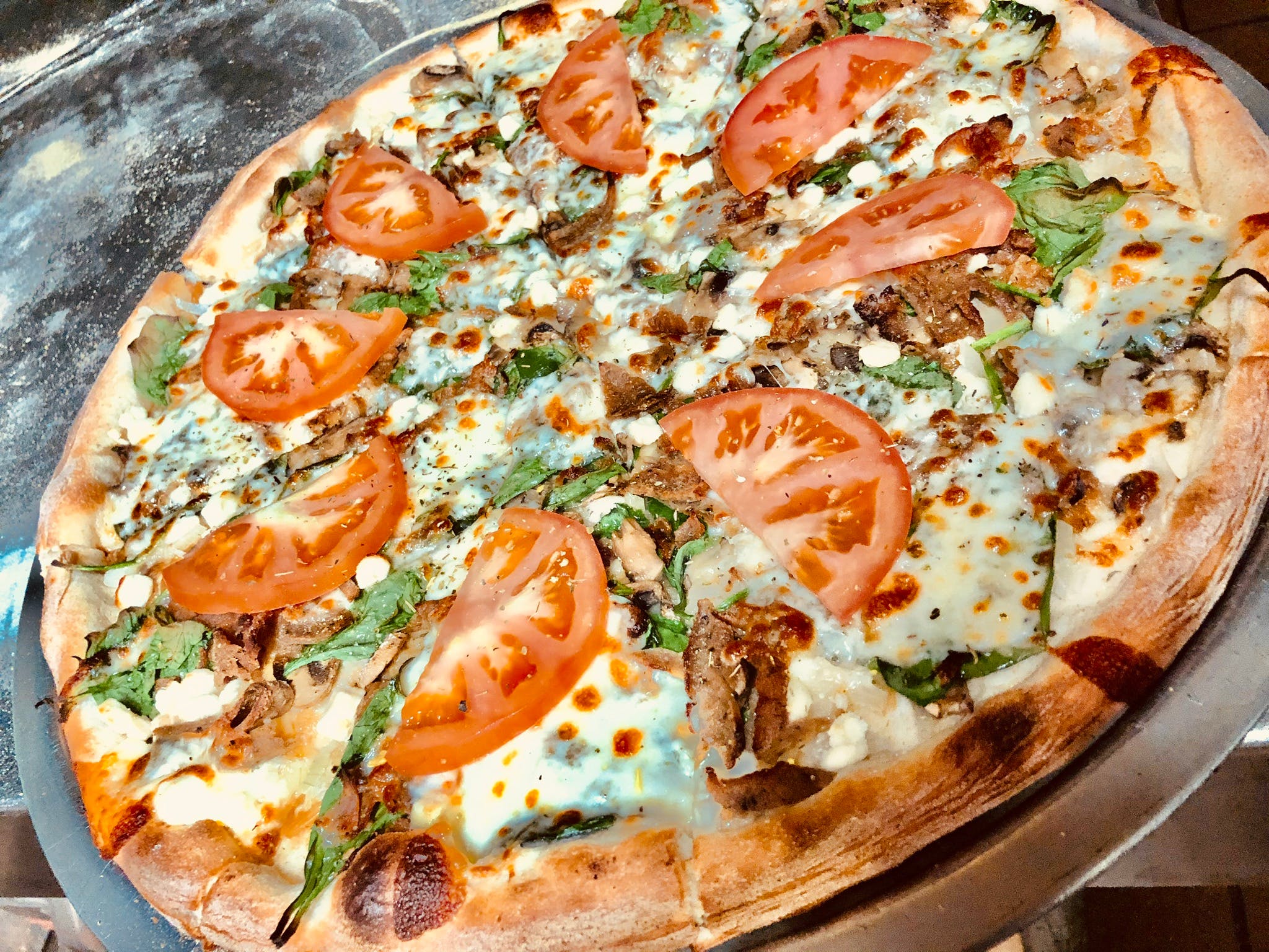 Order Greek Spinach Pizza - Large 16" food online from Johnny's Bar & Grill store, Sterling on bringmethat.com